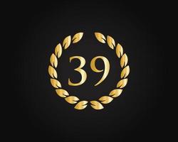 39: e år årsdag logotyp med gyllene ringa isolerat på svart bakgrund, för födelsedag, årsdag och företag firande vektor