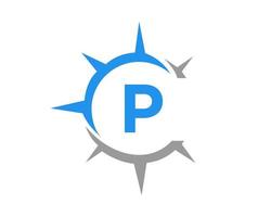 Buchstabe p Kompass-Logo-Design-Konzept. Kompass Zeichen vektor