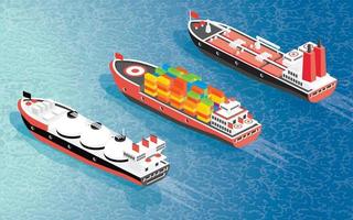 isometrisk frakt fartyg behållare, lng bärare fartyg och olja tankfartyg. vektor