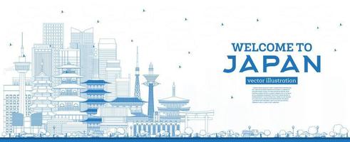 skizzieren willkommen in der japanischen skyline mit blauen gebäuden. vektor