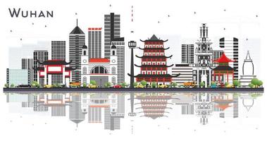 wuhan china city skyline mit grauen gebäuden und reflexionen isoliert auf weiß. vektor