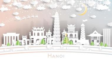 hanoi vietnam city skyline im papierschnittstil mit schneeflocken, mond und neongirlande. vektor