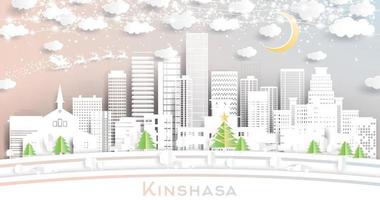 kinshasa kongo city skyline im papierschnittstil mit schneeflocken, mond und neongirlande. vektor