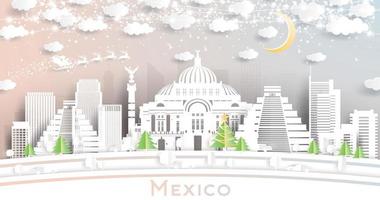 mexico stad horisont i papper skära stil med snöflingor, måne och neon krans. vektor