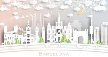 barcelona spanien stadtskyline im papierschnittstil mit schneeflocken, mond und neongirlande.