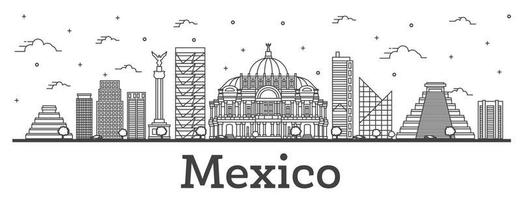 översikt mexico stad horisont med historisk byggnader isolerat på vit. vektor