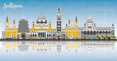 jodhpur india city skyline mit farbigen gebäuden, blauem himmel und reflexionen. vektor