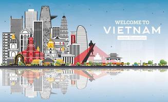 willkommen in der vietnam-skyline mit grauen gebäuden und blauem himmel. vektor