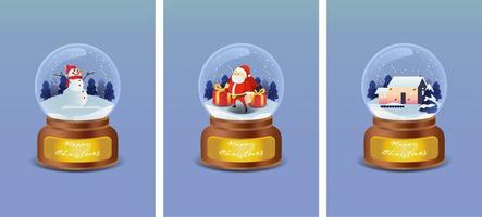 Kristallkugel mit Schneemann, Weihnachtsmann und Haus in Winterlandschaft. Vektor-Illustration vektor