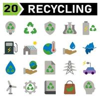 Ökologie und Recycling-Icon-Set umfassen Recycling, Abfall, Material, Schild, Schutz, Chemie, Wissenschaft, Batterie, Aufladung, Station, Elektrik, Ladegerät, Haus, Solar, Panel, Zuhause, Thermometer, Erwärmung vektor