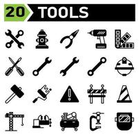 Das Werkzeugbau-Icon-Set umfasst Schraubenschlüssel, Werkzeuge, Schraubenschlüssel, Kontraktion, Ausrüstung, Hydranten, Wasser, Hydranten, Feuer, Zangen, Zimmermann, Handwerker, Techniker, Bohrer, Werkzeug, Pantone, Farbe, Farbe vektor