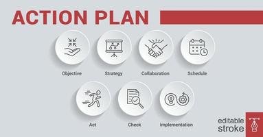 Aktionsplan-Banner-Web-Symbol für Business und Marketing. Ziel, Strategie, Zusammenarbeit, Zeitplan, Plan und Umsetzung. Minimale Vektorinfografik. bearbeitbarer Strich eps 10. vektor