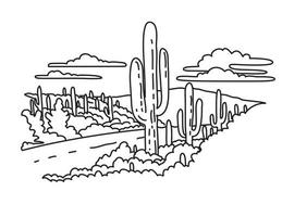 kaktus skog naturskön kör i saguaro nationell parkera arizona monoline linje konst teckning vektor
