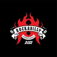 Flammen mit Rockabilly-Schriftzug-Banner für Musikfestival und Casino-Logo, Vintage-Retro-Logo-Design