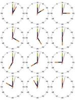 en uppsättning av mekanisk klockor med ett bild av varje av de tolv timmar. klocka ansikte på vit bakgrund. vektor