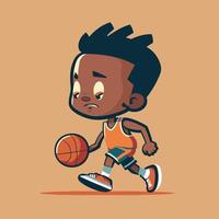 junges schwarzes kind, das basketball spielt, kleiner junge spielt ballvektorkarikatur vektor