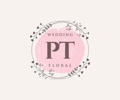 pt Initialen Brief Hochzeit Monogramm Logos Vorlage, handgezeichnete moderne minimalistische und florale Vorlagen für Einladungskarten, Datum speichern, elegante Identität. vektor