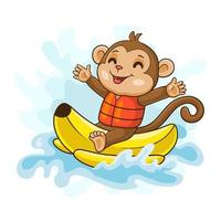liten apa tecknad serie är surfing på en banan båt vektor