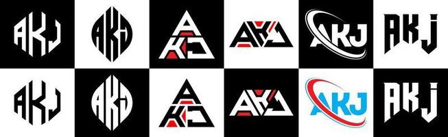 akj-Buchstaben-Logo-Design in sechs Stilen. akj polygon, kreis, dreieck, hexagon, flacher und einfacher stil mit schwarz-weißem farbvariationsbuchstabenlogo in einer zeichenfläche. akj minimalistisches und klassisches Logo vektor
