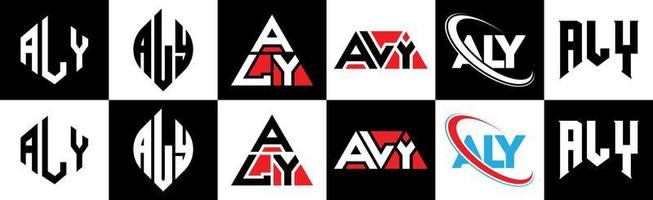 aly brev logotyp design i sex stil. aly polygon, cirkel, triangel, sexhörning, platt och enkel stil med svart och vit Färg variation brev logotyp uppsättning i ett rittavla. aly minimalistisk och klassisk logotyp vektor