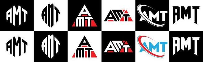 amt-Buchstaben-Logo-Design in sechs Stilen. amt polygon, kreis, dreieck, hexagon, flacher und einfacher stil mit schwarz-weißem buchstabenlogo in einer zeichenfläche. amt minimalistisches und klassisches Logo vektor