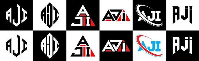 Aji-Buchstaben-Logo-Design in sechs Stilen. aji polygon, kreis, dreieck, hexagon, flacher und einfacher stil mit schwarz-weißem farbvariationsbuchstabenlogo in einer zeichenfläche. Aji minimalistisches und klassisches Logo vektor