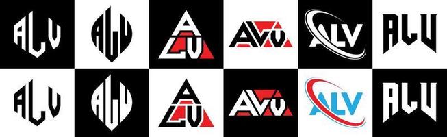 alv-Buchstaben-Logo-Design in sechs Stilen. Alv Polygon, Kreis, Dreieck, Sechseck, flacher und einfacher Stil mit schwarz-weißem Buchstabenlogo in einer Zeichenfläche. alv minimalistisches und klassisches Logo vektor