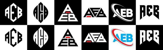 aeb-Buchstaben-Logo-Design in sechs Stilen. aeb polygon, kreis, dreieck, hexagon, flacher und einfacher stil mit schwarz-weißem buchstabenlogo in einer zeichenfläche. aeb minimalistisches und klassisches Logo vektor