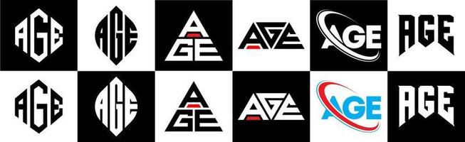 ålder brev logotyp design i sex stil. ålder polygon, cirkel, triangel, sexhörning, platt och enkel stil med svart och vit Färg variation brev logotyp uppsättning i ett rittavla. ålder minimalistisk och klassisk logotyp vektor