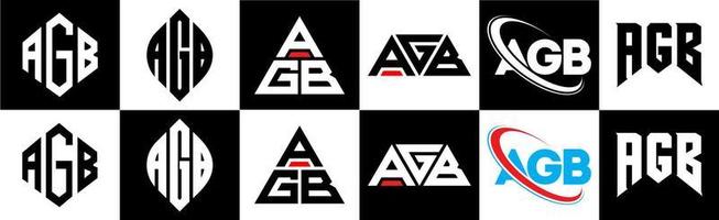 agb-buchstaben-logo-design in sechs stilen. agb-polygon, kreis, dreieck, sechseck, flacher und einfacher stil mit schwarz-weißem buchstabenlogo in einer zeichenfläche. agb minimalistisches und klassisches logo vektor