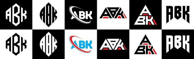 abk-Buchstaben-Logo-Design in sechs Stilen. abk polygon, kreis, dreieck, sechseck, flacher und einfacher stil mit schwarz-weißem buchstabenlogo in einer zeichenfläche. abk minimalistisches und klassisches Logo vektor