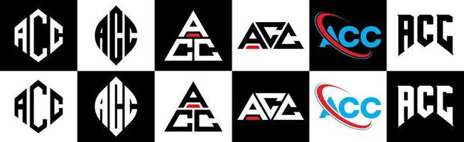 acc-Buchstaben-Logo-Design in sechs Stilen. acc Polygon, Kreis, Dreieck, Sechseck, flacher und einfacher Stil mit schwarz-weißem Buchstabenlogo in einer Zeichenfläche. acc minimalistisches und klassisches Logo vektor