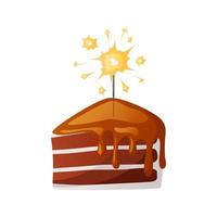 Stück Geburtstagstorte mit geschmolzener Schokoladenglasur und brennender Wunderkerze. Käsekuchenstück. geburtstagsfeier, feier, urlaub, veranstaltung, festlich, bäckerei, leckeres lebensmittelkonzept. vektor