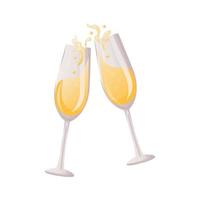 Sektgläser mit Champagner. Toast von zwei klirrenden Weingläsern, umgeben von Blasen. geburtstagsfeier, feier, urlaub, veranstaltung, festlich, glückwunschkonzept. vektor