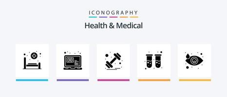 Gesundheit und medizinische Glyphe 5 Icon Pack inklusive Drop. Labor. Hantel. Reagenzglas. Blut. kreatives Symboldesign vektor
