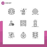 Packung mit 9 modernen Umrissen, Zeichen und Symbolen für Web-Printmedien wie Cookies, Ziel, Ziel, Zielmann, editierbare Vektordesign-Elemente vektor