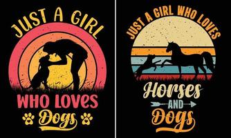 nur ein Mädchen, das Hunde liebt, nur ein Mädchen, das Pferde und Hunde liebt, Retro-Vintage-Sonnenuntergang-T-Shirt-Design vektor