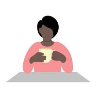 porträtt av en svart flicka med en kort frisyr vem sitter på en tabell med en kopp i henne händer, platt vektor, isolera på vit, ansiktslös illustration, kaffe ha sönder vektor