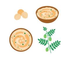 kichererbsen hummus, paste essen in der platte, pflanze mit grünen schoten kichererbse. traditionelles arabisches essen. vegetarische vegane proteinmahlzeit. Sahnepüree aus Bohnen. Vektor-Illustration vektor