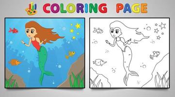 Cartoon-Meerjungfrau-Malseite Nr. 17 Kinder-Aktivitätsseite mit Strichzeichnungen-Vektorillustration vektor