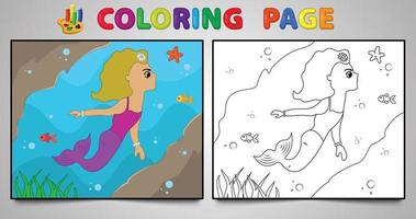 Cartoon-Meerjungfrau-Malseite Nr. 18 Kinder-Aktivitätsseite mit Strichzeichnungen-Vektorillustration vektor