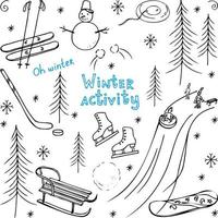 Strichzeichnungen von Vektorelementen. Sammlung von Winteraktivitäten, Schnee gezogen, Rodeln, Snowboarden. Umrisse für Verpackungen, Banner und Karten vektor
