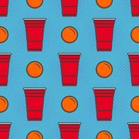 öl pong sömlös mönster. röd plast koppar på blå bakgrund. känd amerikan fest dricka spel. vektor bakgrund