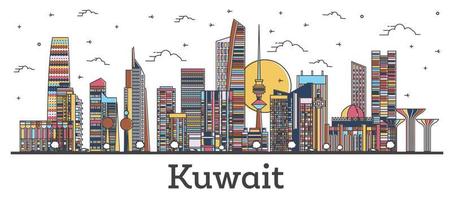 skizzieren sie die skyline von kuwait-stadt mit farbigen gebäuden, die auf weiß isoliert sind. vektor