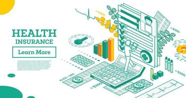 isometrischer krankenversicherungsvertrag. mann füllt form der versicherung aus. vektor