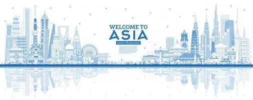 översikt Välkommen till Asien horisont med blå byggnader. vektor