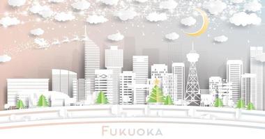 fukuoka japan city skyline im papierschnittstil mit schneeflocken, mond und neongirlande. vektor