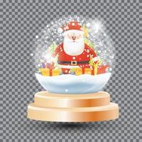 magische weihnachtskristallkugel mit weihnachtsmann, geschenkboxen und tannenbaum. Glas-Souvenir-Schneekugel auf transparentem Gitter.
