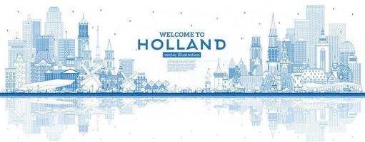 översikt Välkommen till nederländerna horisont med blå byggnader. vektor