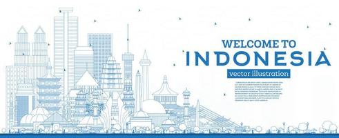 skizzieren sie willkommen in indonesien skyline mit blauen gebäuden. vektor